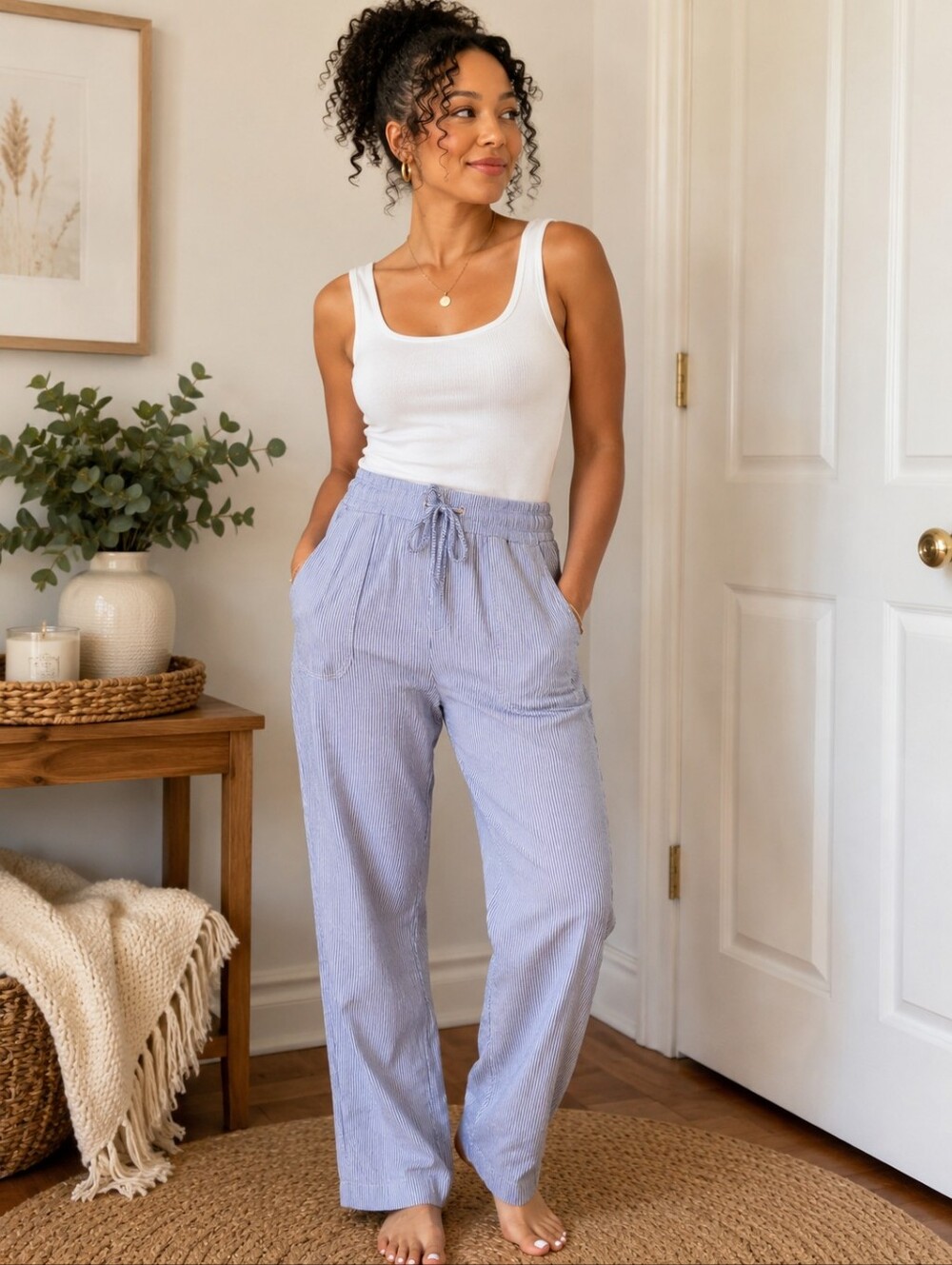 Kim Rogers Blue Stripe Drawstring Wide Leg Pants Large 100% Cotton